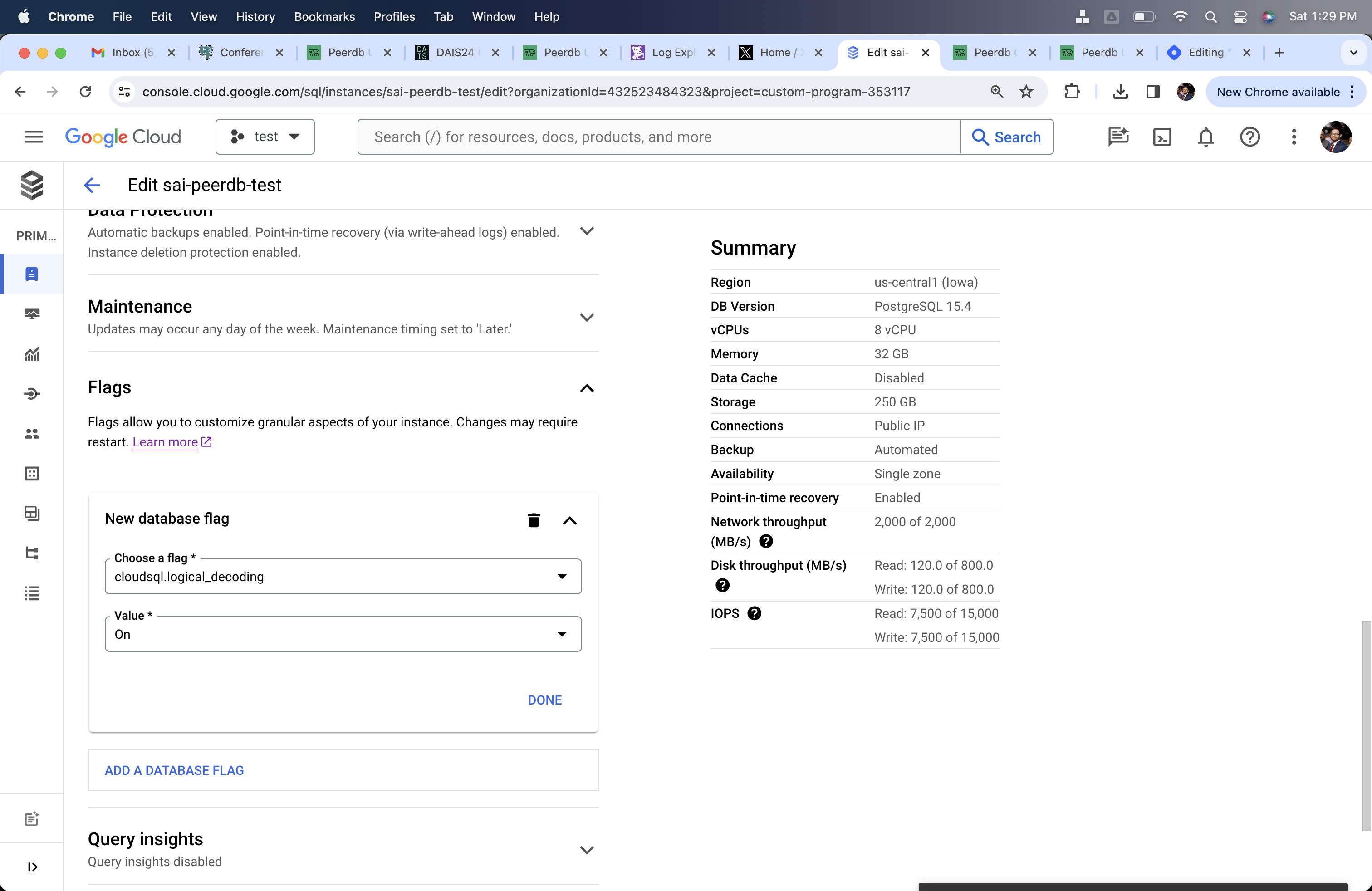 Изменение cloudsql.logical_decoding на on